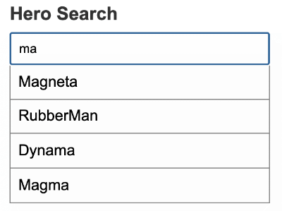 Hero Search field with the letters 'm' and 'a' along with four search results that match the query displayed in a list beneath the search input